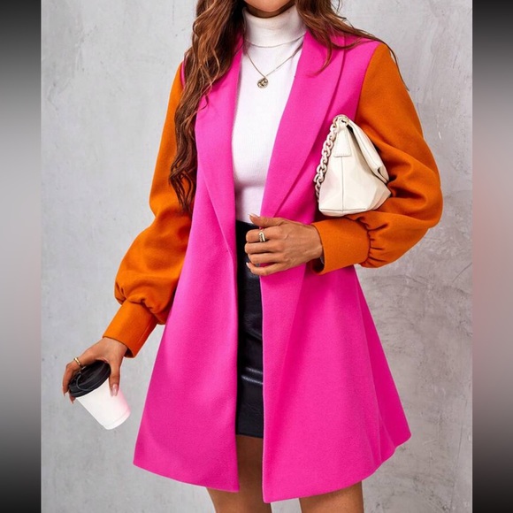 Classic Elegant Color Block Open Front 2 Tone Leightweight Coat - Picture 3 of 7